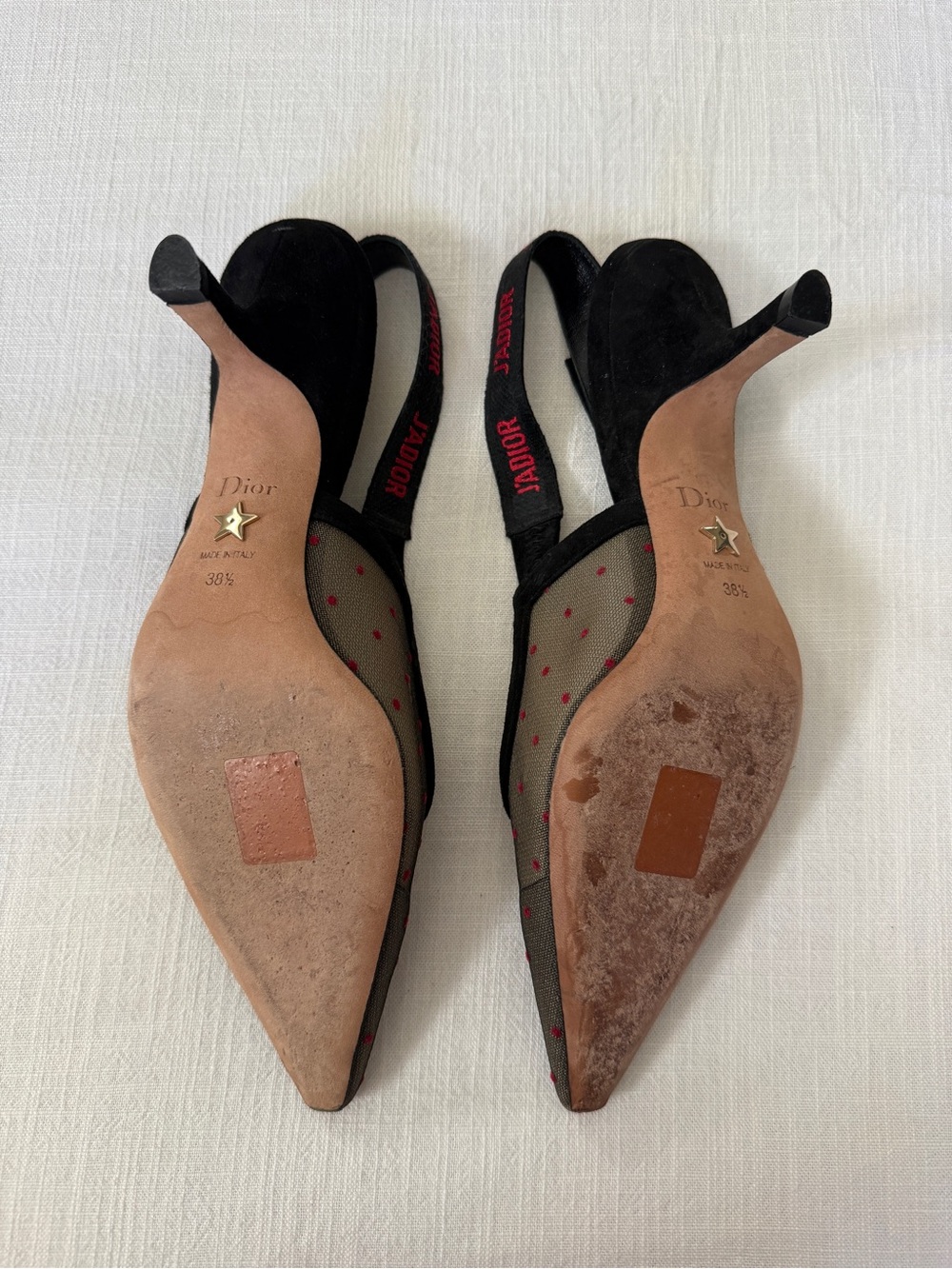 Dior Black Mesh Pointed Toe Slingback Heels with Red Dot Accents - Picture 3 of 3